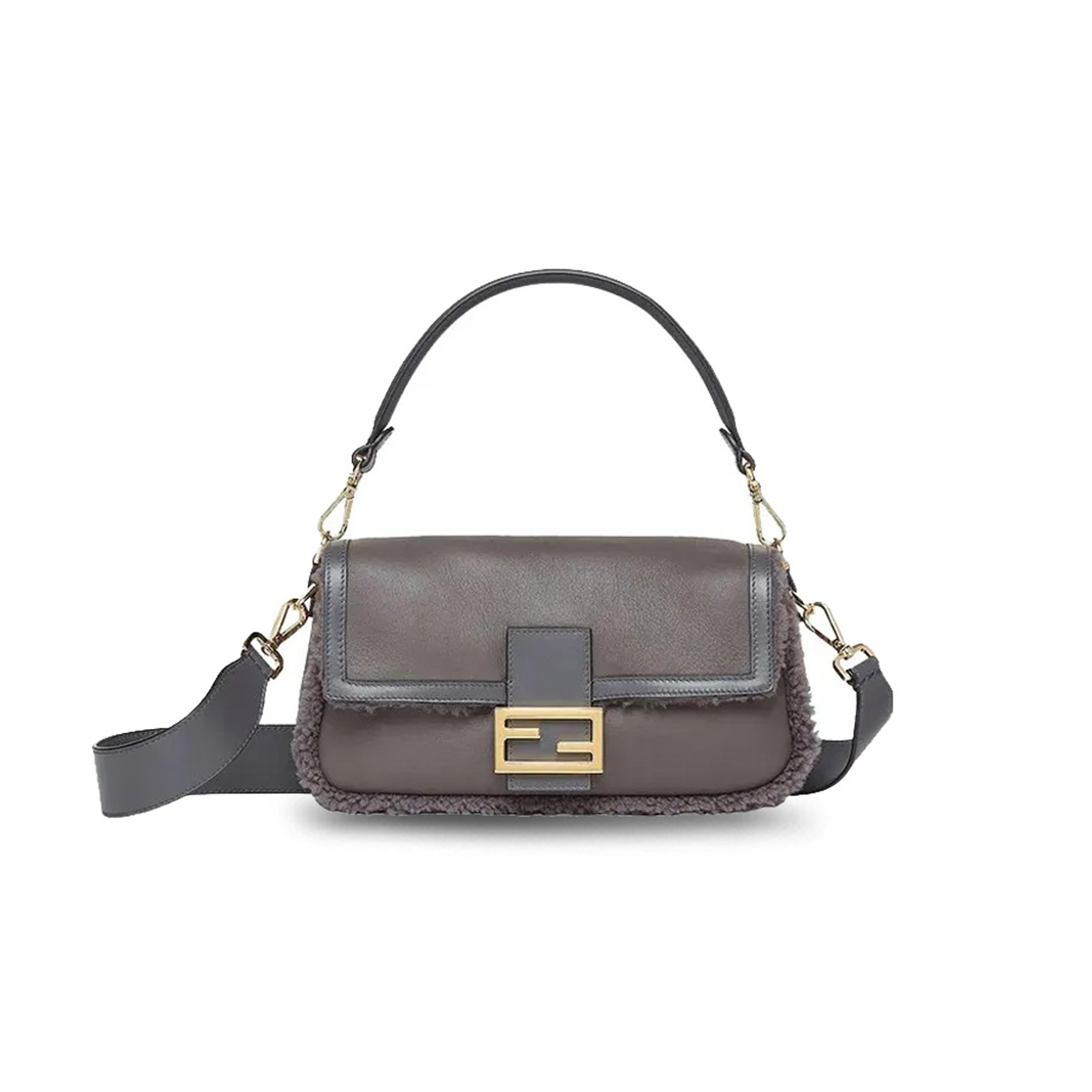 FENDI GREY LAMBSKIN SHEARLING MEDIUM BAGUETTE BAG 8BR600ALMRF1EFW (28*14*8cm)